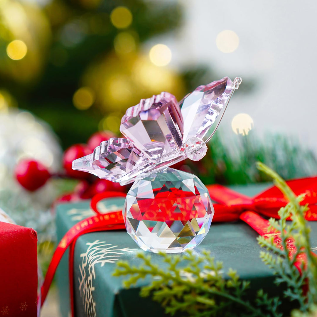 H&amp;D HYALINE &amp; DORA Pink Crystal Flying Butterfly with Crystal Ball Base Figurine Collection Cut Glass Ornament Statue Animal Collectible