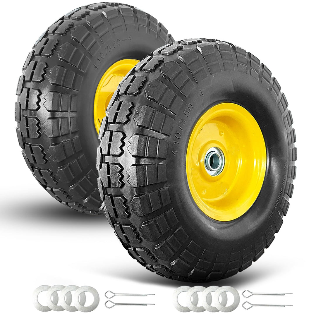 4.10/3.50-4 Tire and Wheel Flat Free,10 Solid Tire Wheel with 5/8 Bearings,2.1Offset Hub,for Garden Carts/Dolly/Trolley/Dump Cart/Hand Truck/Wheelbarrow/Garden Wagon (2 Pack)