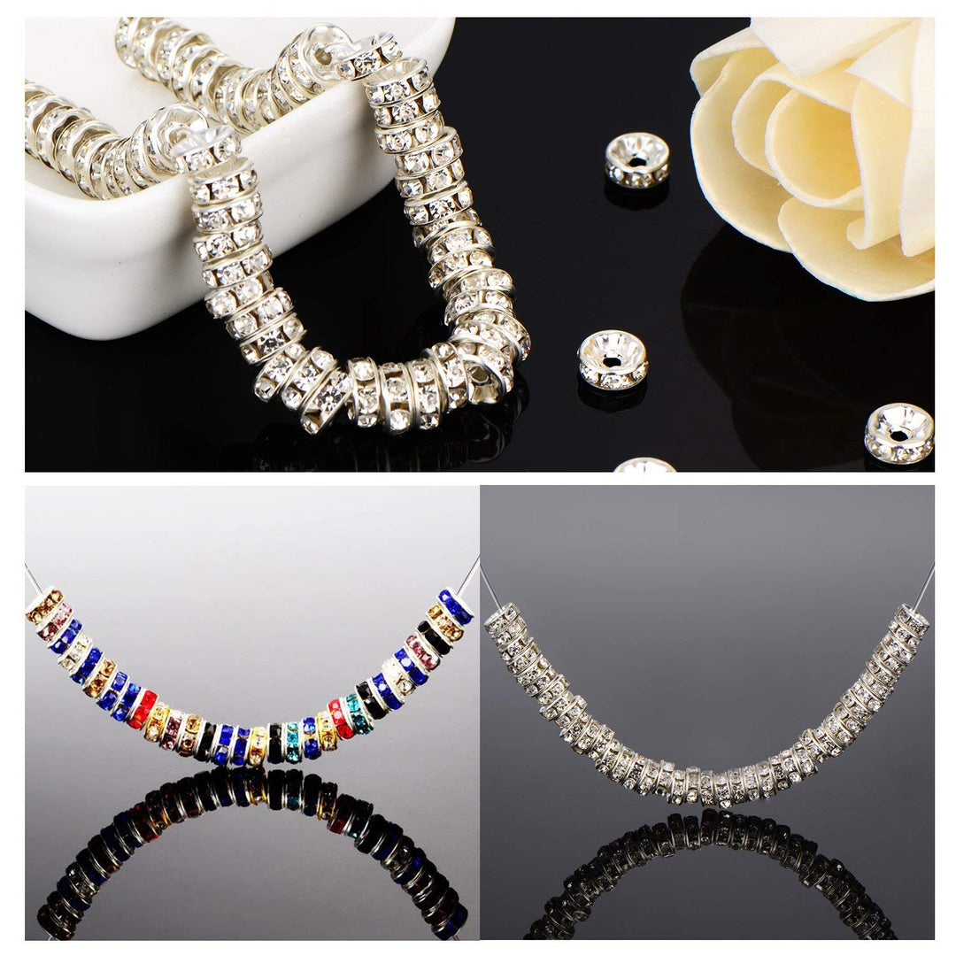 100Pcs Rondelle Spacer Beads 8mm Silver Plated Czech Crystal Rhinestone for Jewelry Making Loose Beads for Bracelets