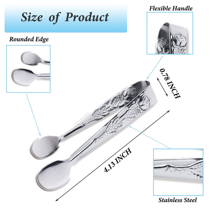 3PCS Mini Serving Tongs, 4Inch Rose Stainless Steel Sugar Cube Tongs, Sliver Small Ice Tongs for Tea and Coffee Party, Appetizers, Desserts (Silver)