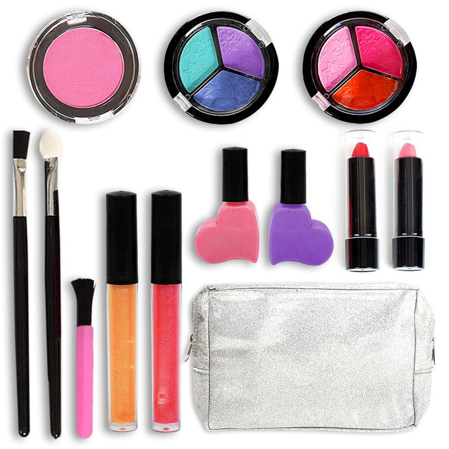 14 Piece Pretend Play Makeup Kit for Girls - Washable Princess Makeup Set with Glitter Cosmetics Bag, Pretend Makeup for Little Girls Ages 3 4 5 6 7 8, Fake Makeup, Pretend Makeup for Toddlers,