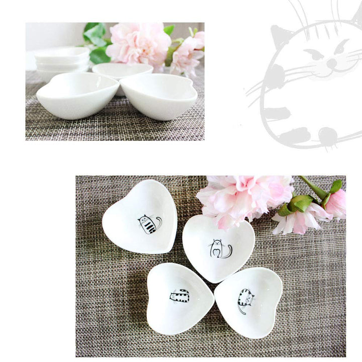 Cute Cat Ceramic Side Sauce Dishes Mini Heart shape Seasoning Dish, Sushi Soy Dipping Bowl,Serving Saucers Dishe,Meow Porcelain Small Tea Bag Holder Set of 6 (Cat)