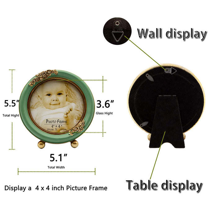 4x4 Picture Frames Small Vintage Picture Frames Green Round Picture Frame Circular Mini Picture Frame, Tabletop and Wall Mount (Green and Gold)
