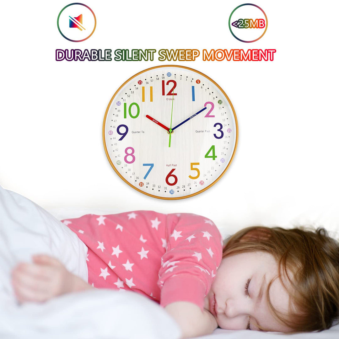 Learning Clock for Kids 12 inch Educational Wall Clock Silent Movement and Colorful Numerals Kids Wall Clocks for Classroom,Playroom Nursery Bedrooms Kids Room,School