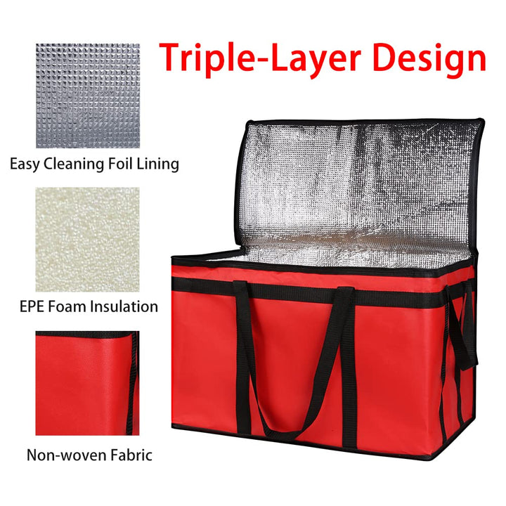 Insulated Food Delivery Bag for Pizza Delivery, Grocery- Cooler Bag, Food Warmers for Parties, Catering Supplies for Doordash, Thermal Bags for Cold and Hot Food Carrier (Red, XXX-Large, 1-Pack
