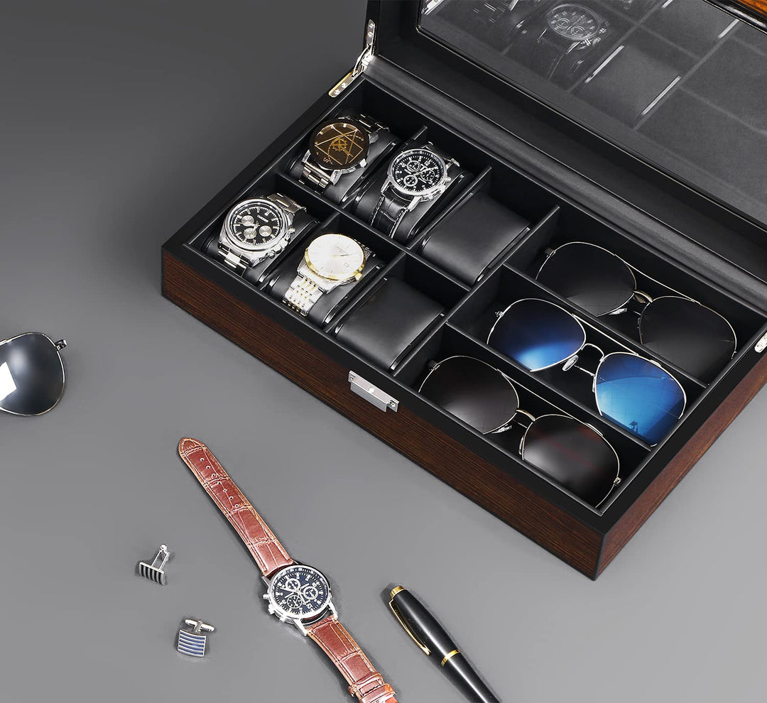 Watch Box Sunglass Organizer with Real Glass Top, 6 Watch Case and 3 Slots Sunglasses Box for Men, Smooth Faux Leather Interior, Brown SSH15Y