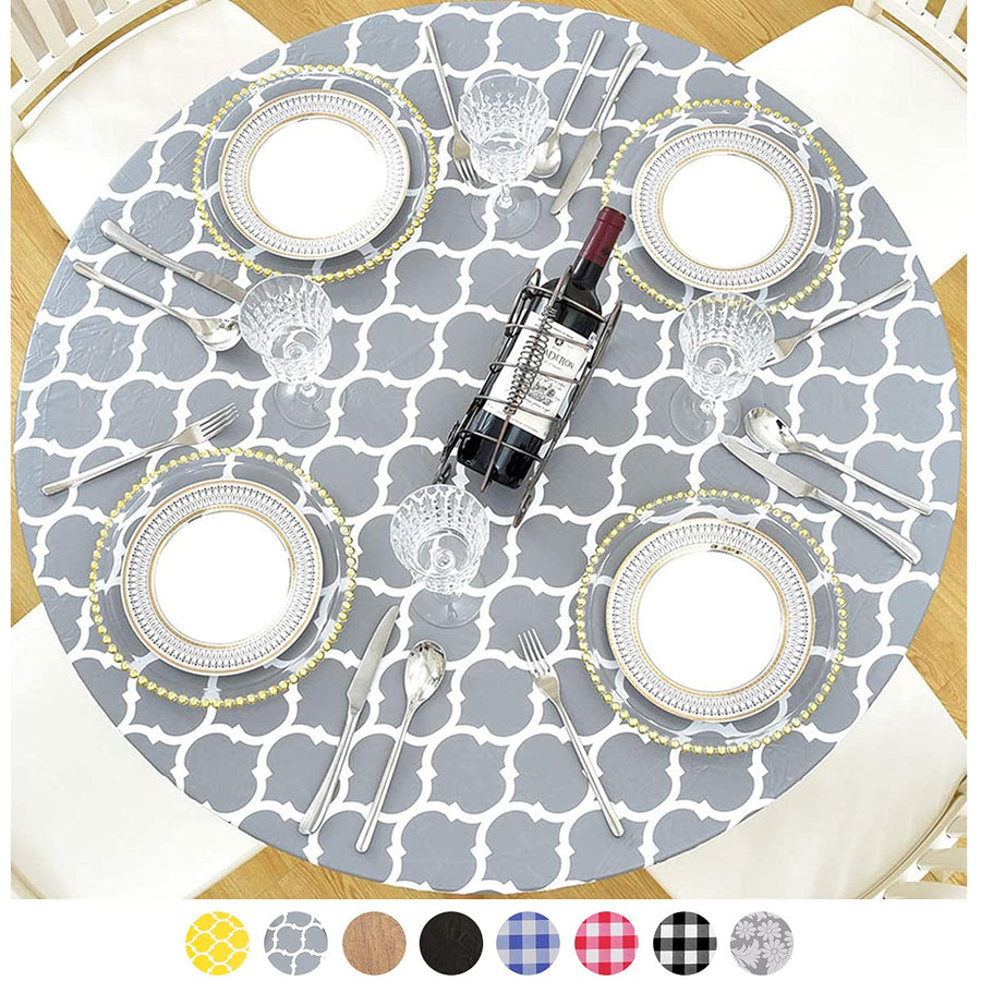 mimdmi Table Cloth, Fitted Round Plastic Vinyl Tablecloth with Flannel Backing and Elastic Edge, Waterproof Table Protector for Dining Room Table (Grey Stripe, Small, 36 in -42 in )