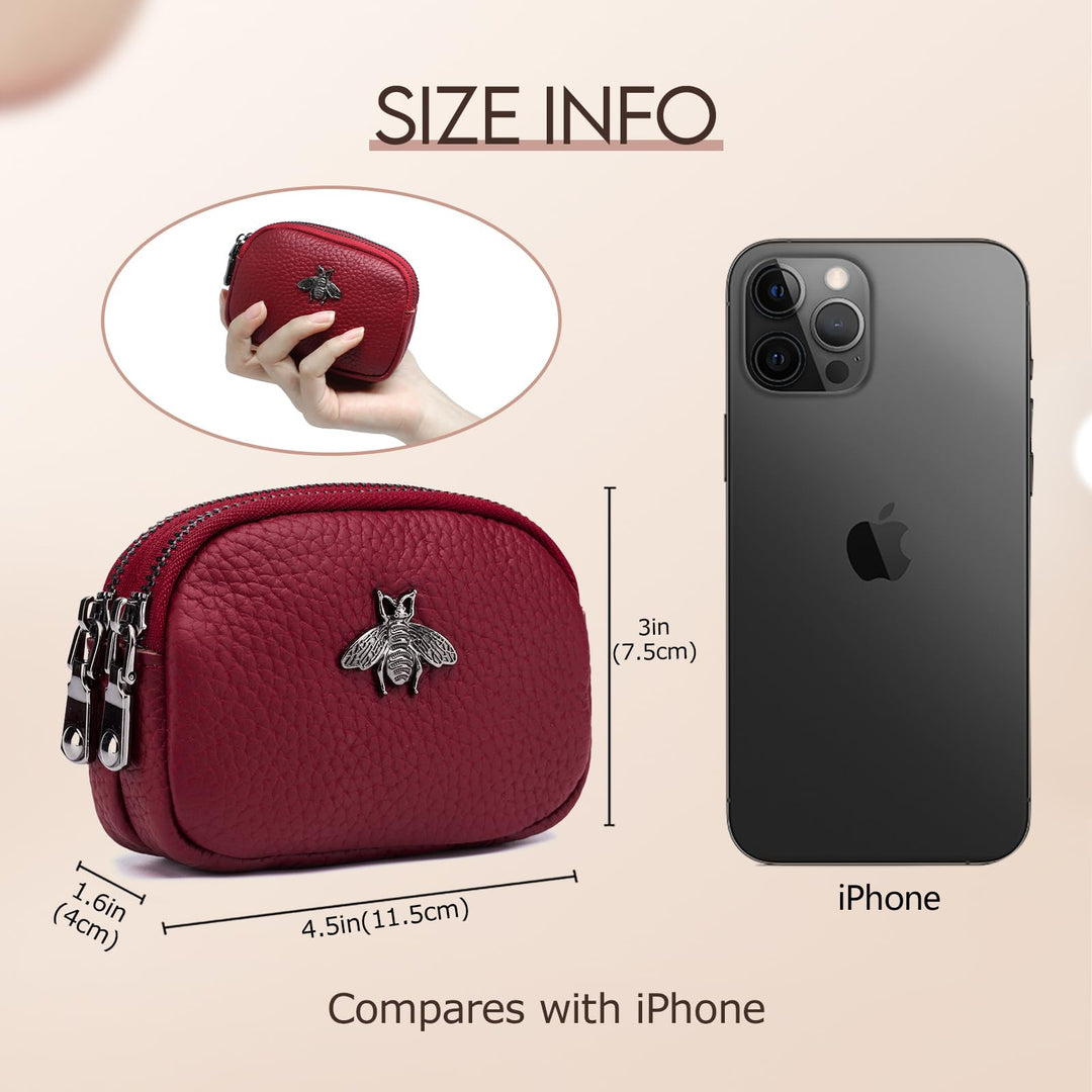 Women Leather Coin Purse, Small 2 Zippered Change Pouch Wallet(Red)