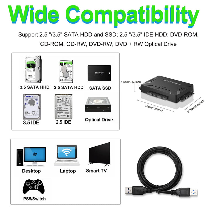 USB 3.0 to SATA IDE Adapter, Hard Drive Reader External Ultra Recovery Converter Compatible with 2.5 3.5 HDD, SSD,5.25-inch DVD/CD-ROM Optical Drive Data Transfer with Power Supply