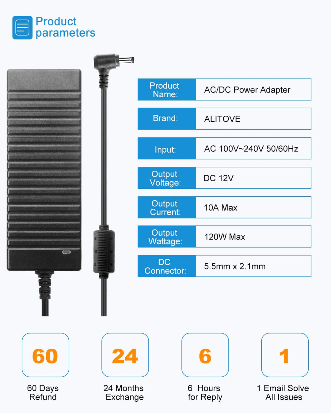 AC 100-240V to DC 12V 10A Power Supply Adapter Converter Transformer 12 Volt 10 Amp 120W with 5.5mm x 2.5mm 2.1mm DC Output Jack for 5050 3528 LED Strip Light CCTV Cameras 3D Printer