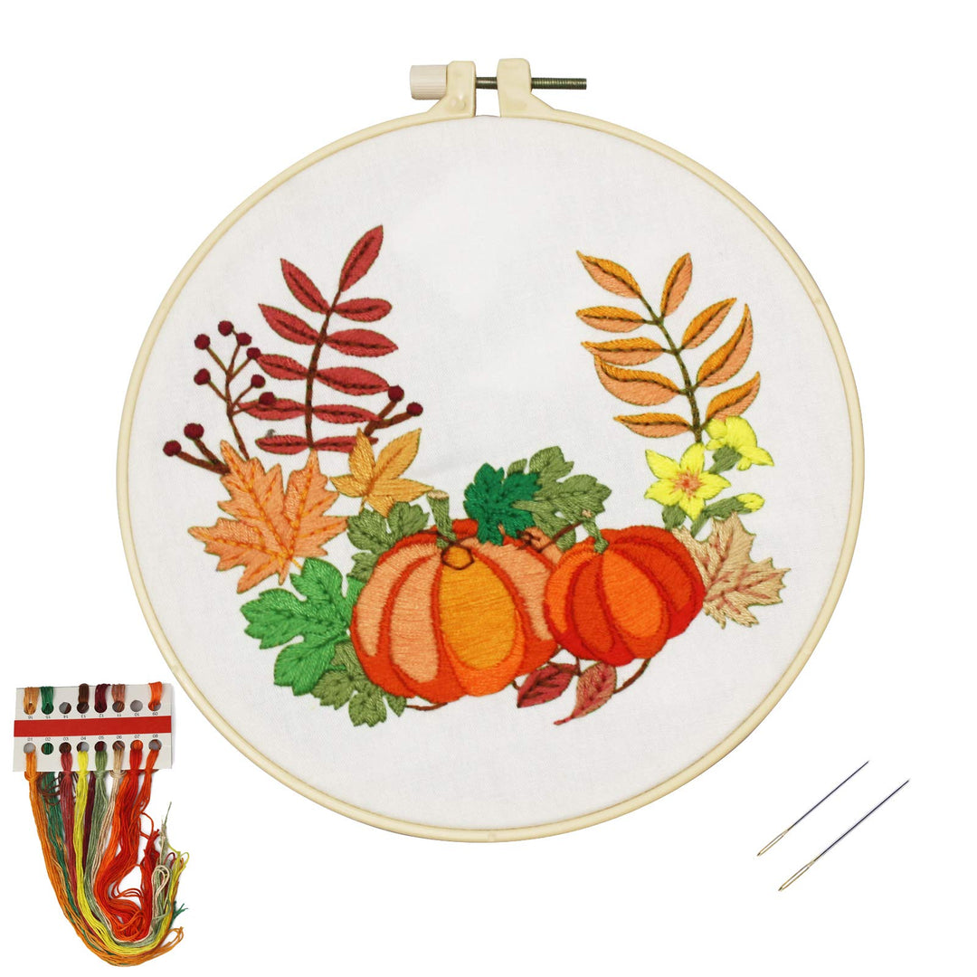 Beginners Embroidery Kit Fall Pumpkin Wreath Cross Stitch Adults DIY Needlepoint Crafts Kits