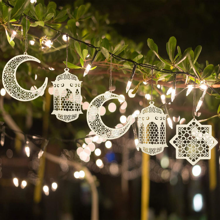 6Pcs Ramadan Kareem Wooden Ornaments Pendant Decoration Moon Lantern Star Shape Mubarak Eid Hanging Ornament for Ramadan Mubarak Eid Decorations