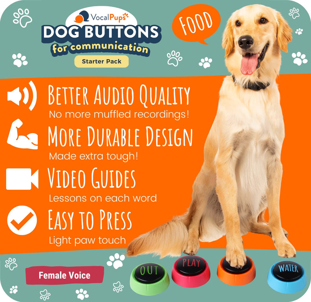 VocalPups Dog Buttons for Communication Starter Pack - Female Voice, Dog Talking Button Set, Talking Buttons for Dogs, Dog Buttons Speech Training Set | Dog Communication Buttons | Loud Recorded Words