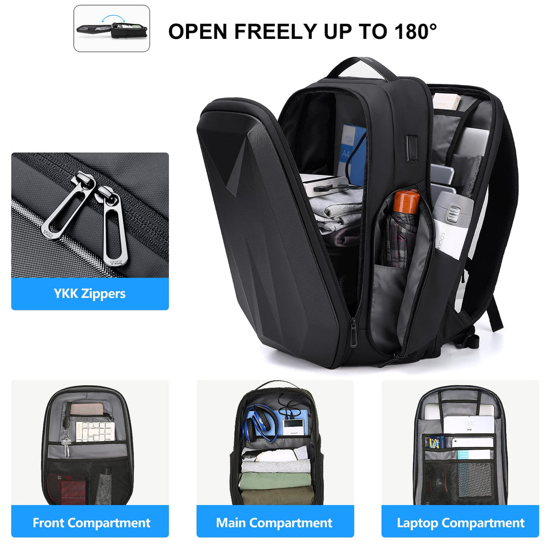 Travel Laptop Backpack for Men,Water Resistant Hard Shell Backpack 15.6 Inch with USB Charging Port,Business Computer Backpack for Work/College,Black