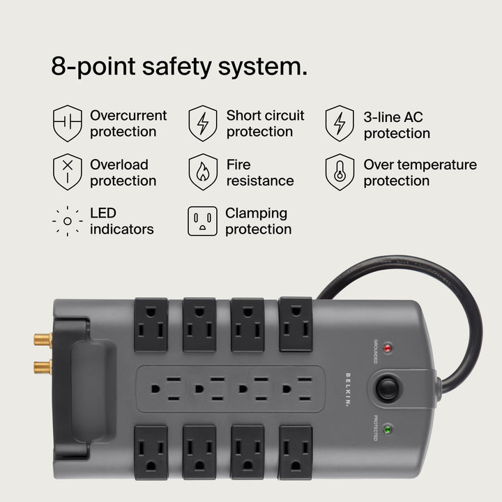 Surge Protector Power Strip w/ 8 Rotating &amp; 4 Standard Outlets - 8ft Sturdy Extension Cord w/ Flat Pivot Plug for Home, Office, Travel, Desktop &amp; Charging Brick - 4320 Joules of Protection