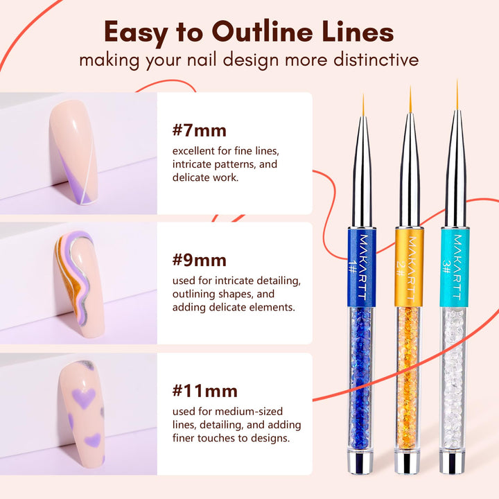 3Pcs Nail Art Liner Brush UV Gel Painting Nail Brush Pen Set Metal Diamond Acrylic Handle