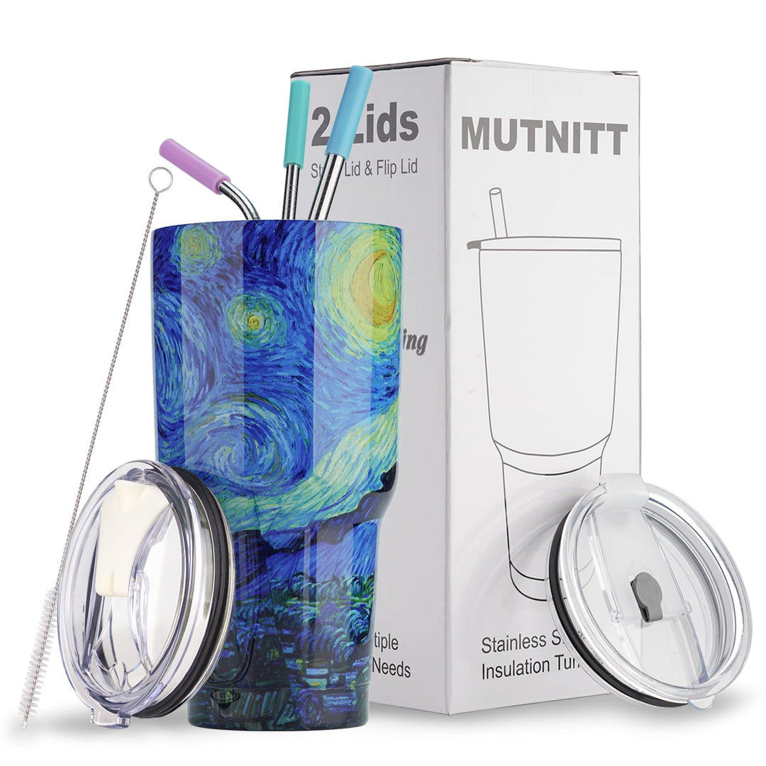 30 oz Tumbler with Lids and Straws,18/8 Stainless Steel Vacuum Insulated Coffee Tumbler,Insulated Travel Mug Water Cup with Leak-Proof Straw Lid &amp; Flip Lid,3 Metal Straws,1 Cleaning Brush &amp; Gift Box