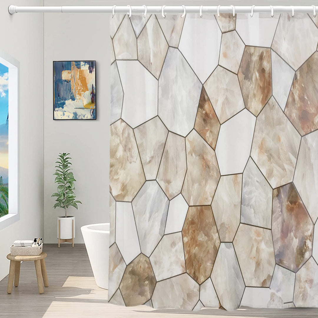 Brown Beige Geometric Marble Shower Curtain, Abstract Creative Beautiful Artwork Design Shower Curtain Long wide with Rust Proof for Bathroom Bathtub Waterproof Washable