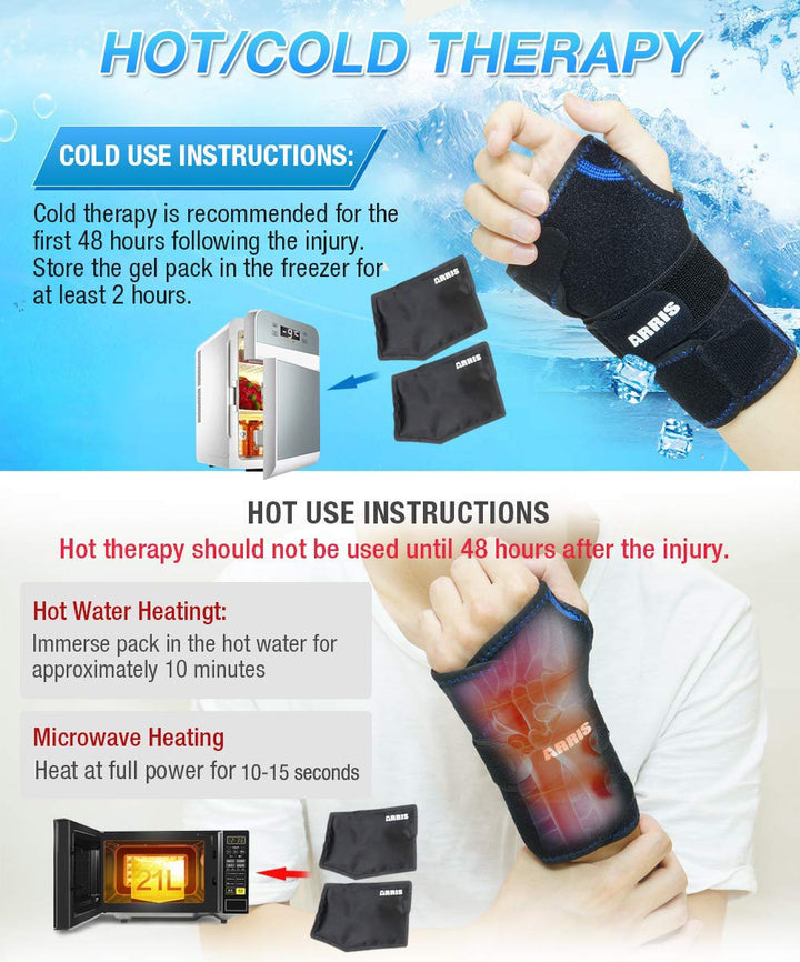 Wrist Ice Pack Wrap for Carpal Tunnel Relief - Hand Support Brace with 2 Reusable Gel Packs Hot Cold Compress for Rheumatoid Arthritis, Tendonitis, Sports Injuries, Swelling, Bruises & Sprains