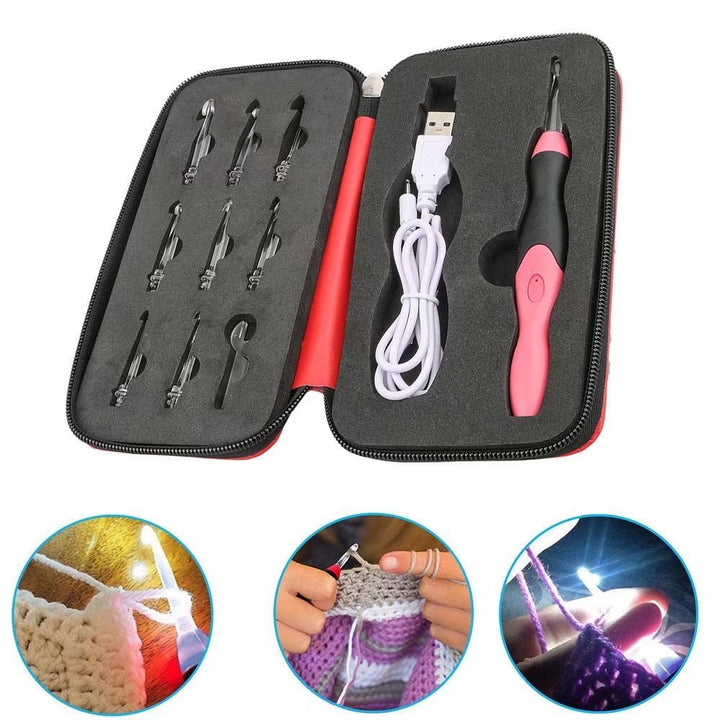 JahyShow 9 in 1 Rechargeable LED Lighted Crochet Hooks Set with Zip Case Light Up Knitting Needles Kit (Interchangeable Heads Size from 2.5mm to 6.5mm)