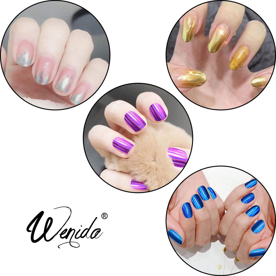 Nail Powder WENIDA 8 Jar Holographic Chameleon Chrome Mirror Laser Synthetic Resin Pigment with 8 False Nails and Silicone Nail Brush for Manicure Decoration