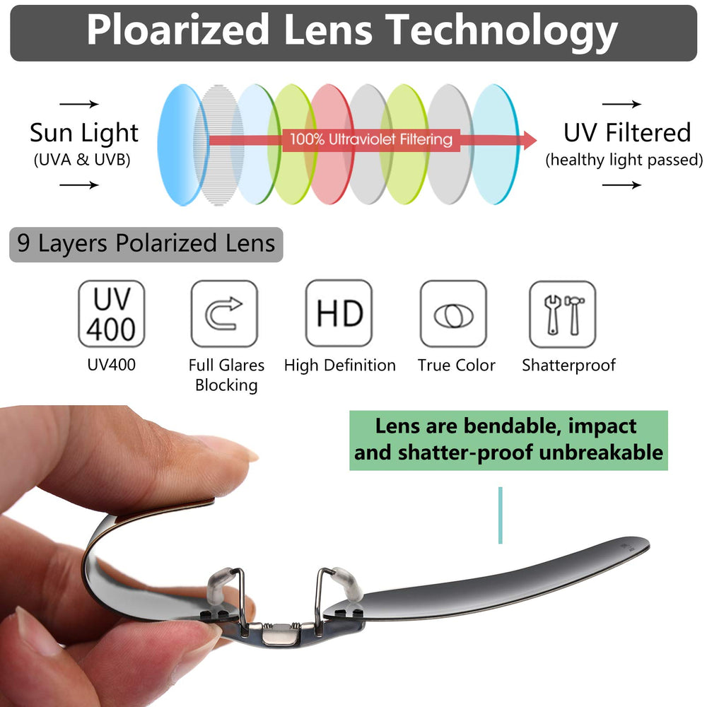 Polarized Clip On Rectangular Sunglasses Over Prescription Glasses Men Women Compact Fit Non-Flip Up, Black, Extra Large