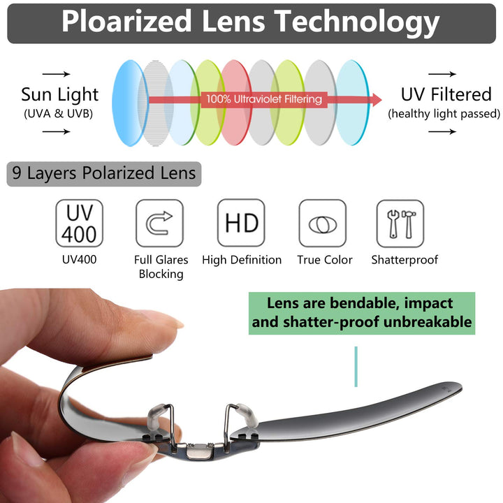 Polarized Clip On Rectangular Sunglasses Over Prescription Glasses Men Women Compact Fit Non-Flip Up, Black, Extra Large