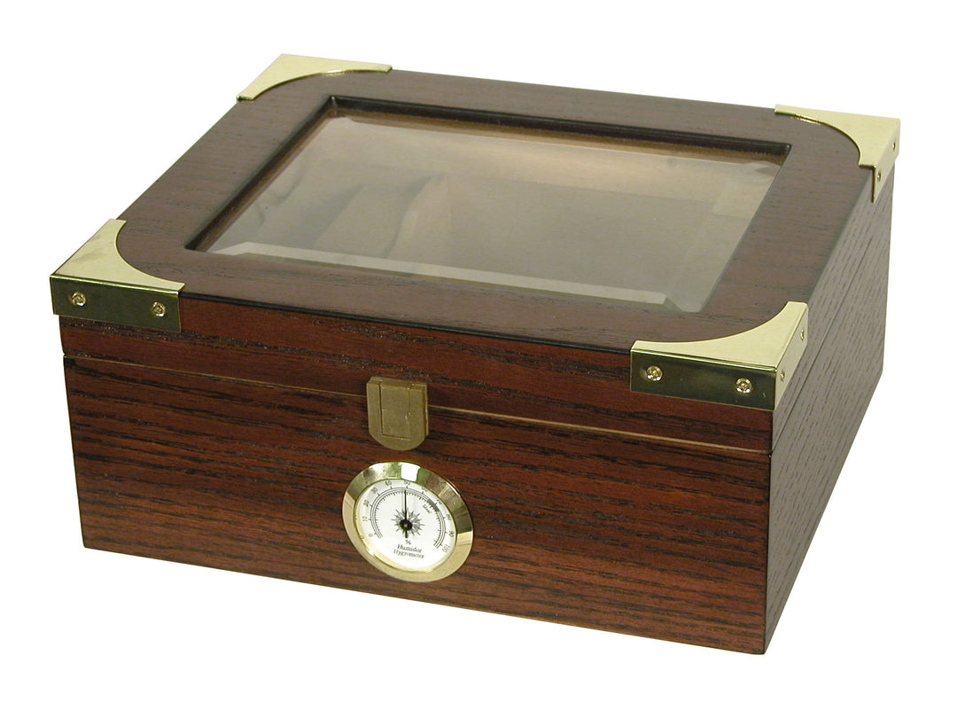 Desktop Humidor, Capri Elegant, Tempered Glasstop, Spanish Cedar Divider, Brass Ring Glass Hygrometer, Holds 25 to 50 Cigars
