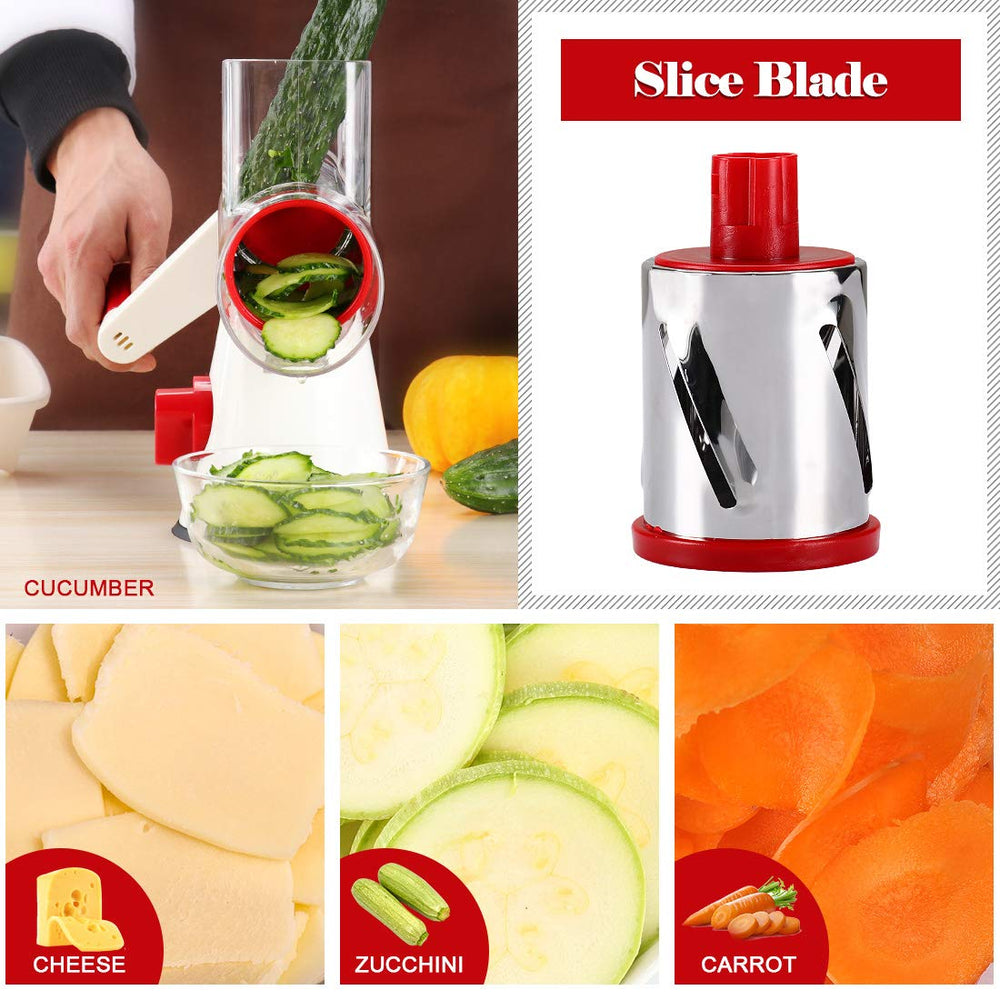 Rotary Cheese Grater Hand Crank, Kitchen Shredder Speed Mandolin Slicer Nuts Grinder with Handle and Drum Blades for Cheese, Vegetable, Chocolate, Potato, Carrot, 3 Blades, White Red