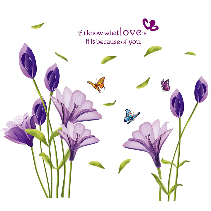 RW-7244 Removable 3D Purple Lily Flowers Wall Decals Floral Butterflies Wall Stickers Peel and Stick DIY Wall Art Decor for Kids Girls Baby Bedroom Nursery Living Room TV Wall Home Decoration