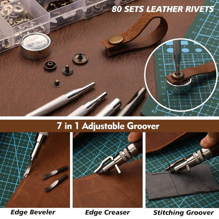 Leather Working Tools: Professional Leather Working Kit with Leather Snap Fasteners and Rivets Kit, Automatic Hole Punch, Waxed Thread Stitching Groover Leather Repair Kit for Furniture