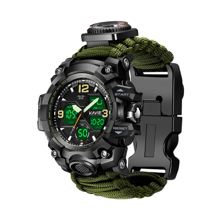 23-in-1 Survival Military Digital Watch, Mens Tactical Multi-Functional and Adjustable Wristband Outdoors Waterproof Sports Dual Dial Watches with Compass Paracord Band, Army Green Camouflage, Digital