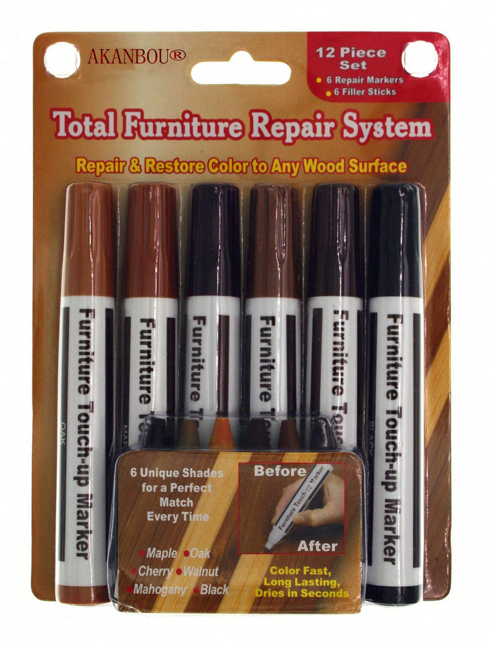Akanbou Furniture Repair System Touch Up Markers- 12Pc 