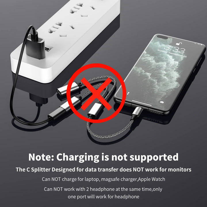 USB C to Dual USB C Female Adapter, 2 Ports, Not for Monitor and Charging, Incredibly Durable, Super Fit, 5V/0.9A Power Output