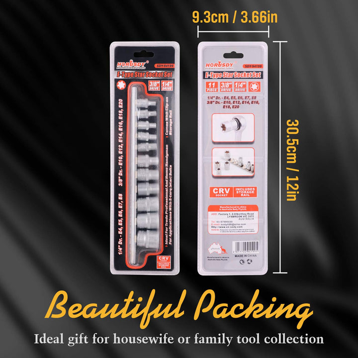 11 Pc Female E Torx Star Socket Set/Rail, Female External Star Socket Set E4 - E20 Torque Socket Set