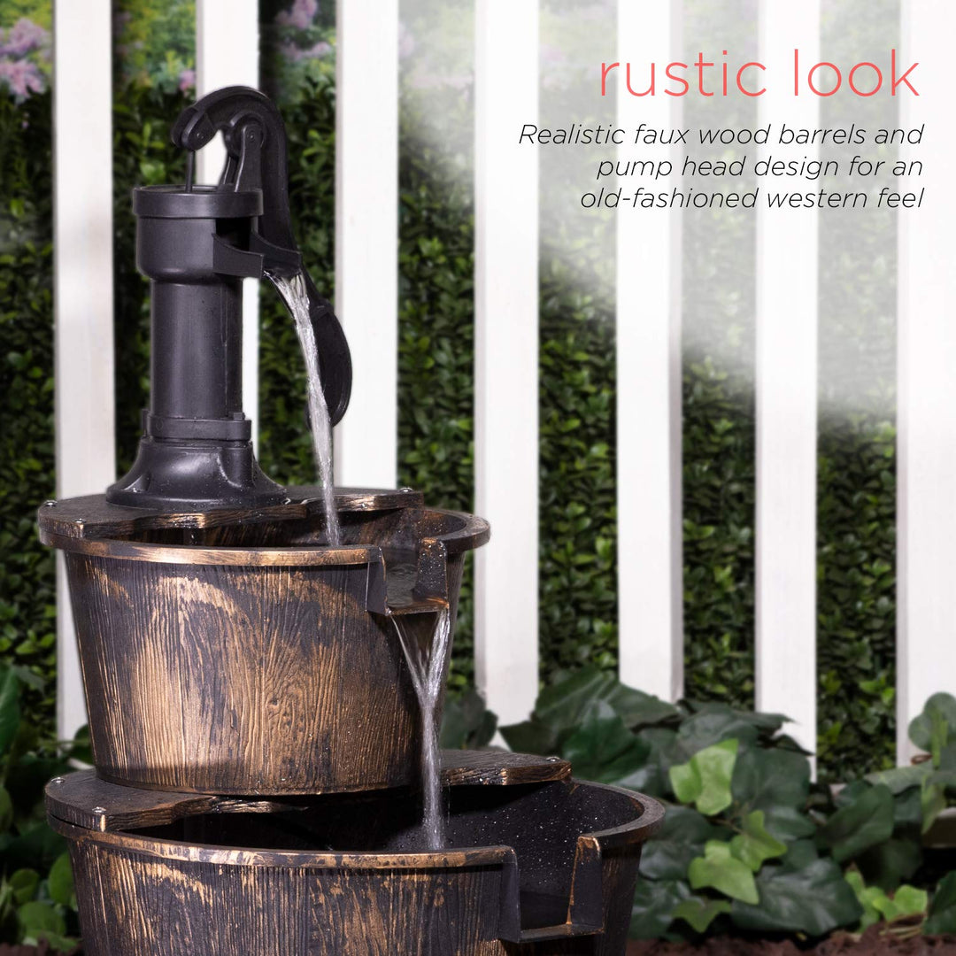 - Outdoor Rustic 2-Tiered Barrel and Pump Water Fountain – Bronze Finish, Relaxing Water Flow, Ideal for Garden, Patio, &amp; Yard Décor, 27H