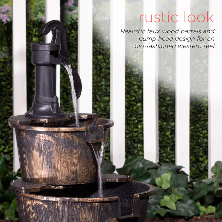 - Outdoor Rustic 2-Tiered Barrel and Pump Water Fountain – Bronze Finish, Relaxing Water Flow, Ideal for Garden, Patio, &amp; Yard Décor, 27H