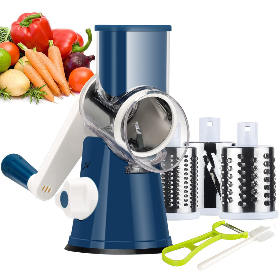 Rotary Cheese Grater Hand Crank, Kitchen Shredder Speed Mandolin Slicer Nut Grinder with Handle and Drum Blades for Cheese, Vegetable, Walnut, Chocolate, Potato, Carrot, 3 Blades, Dark Blue