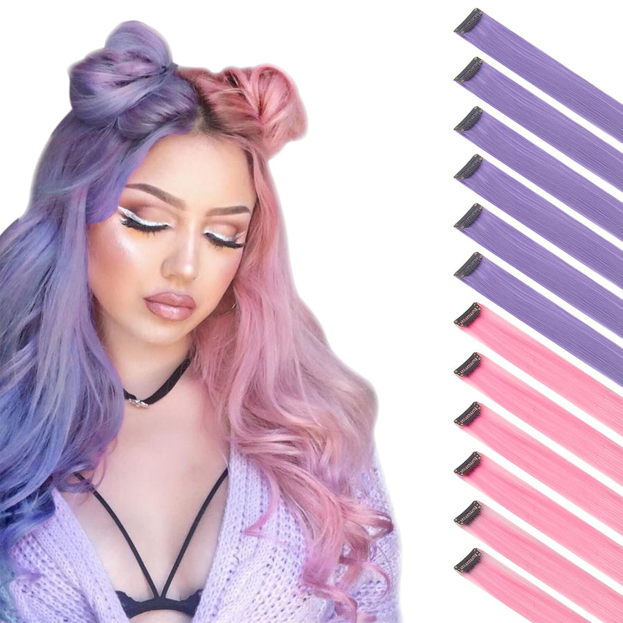 Colored Hair Extension, 12 PCS Purple Pink Hairpiece for Girls Princess Party Highlight Colorful Straight Hair Extensions Clip in Costumes Hair Piece for Girls Dolls, 20 inch