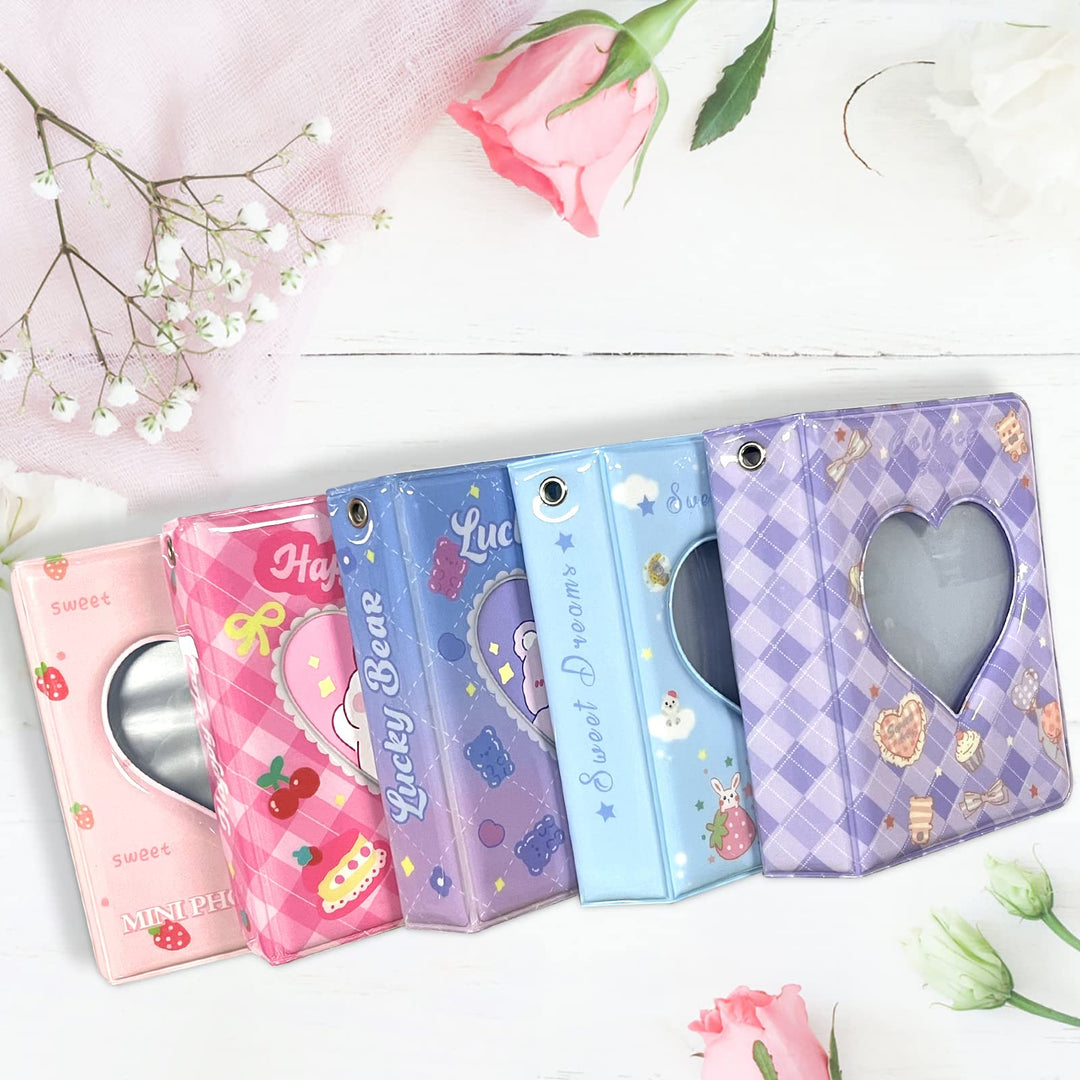 3 Inch Mini Photo Album, Heart Hollow Card Binder Photo Album Photo Card Holder with Pendant 40 Pockets (purple plaid)