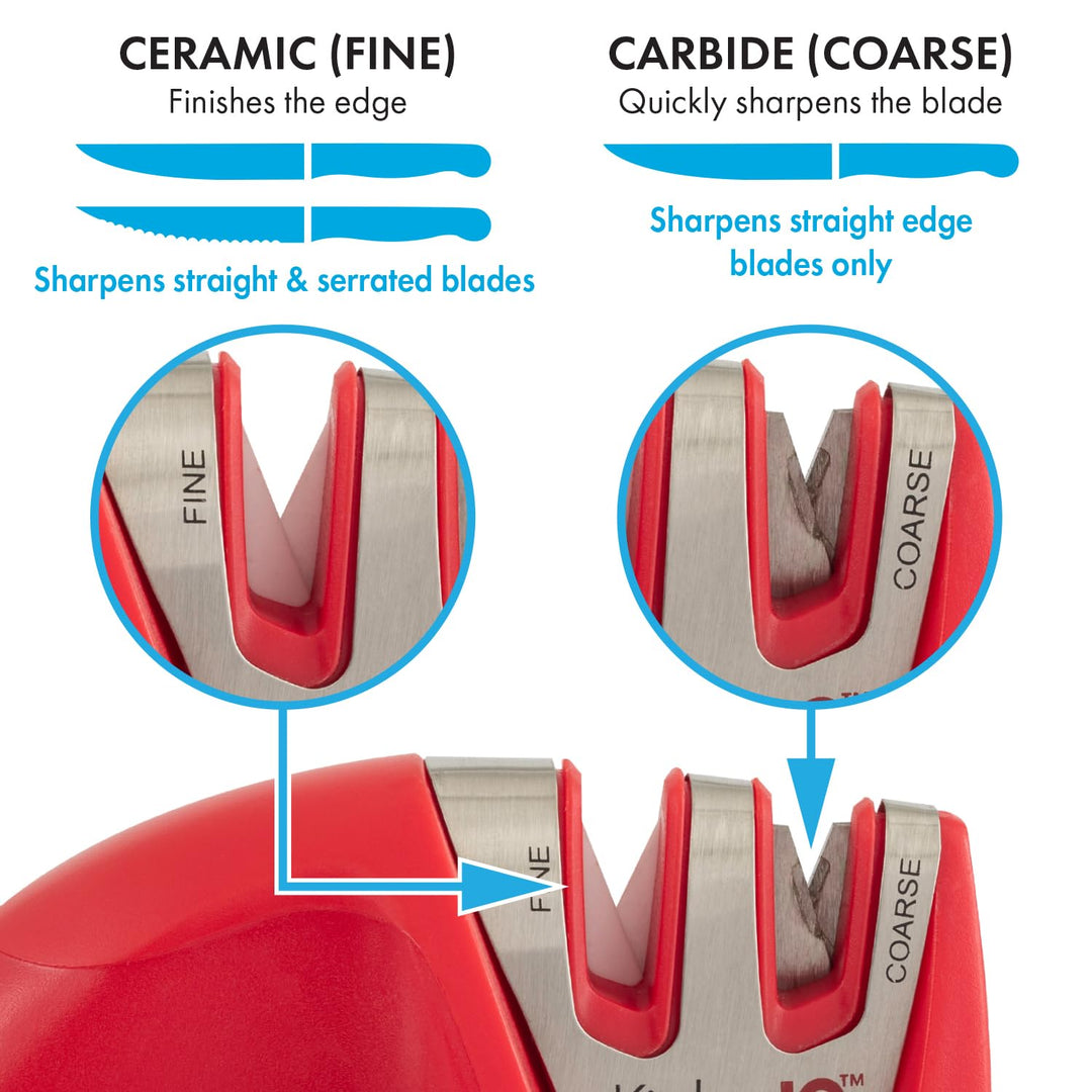50883 Edge Grip 2-Stage Knife Sharpener, Red, Coarse &amp; Fine Sharpeners, Compact for Easy Storage, Stable Non-Slip Base, Soft Grip Rubber Handle, Straight &amp; Serrated Knives
