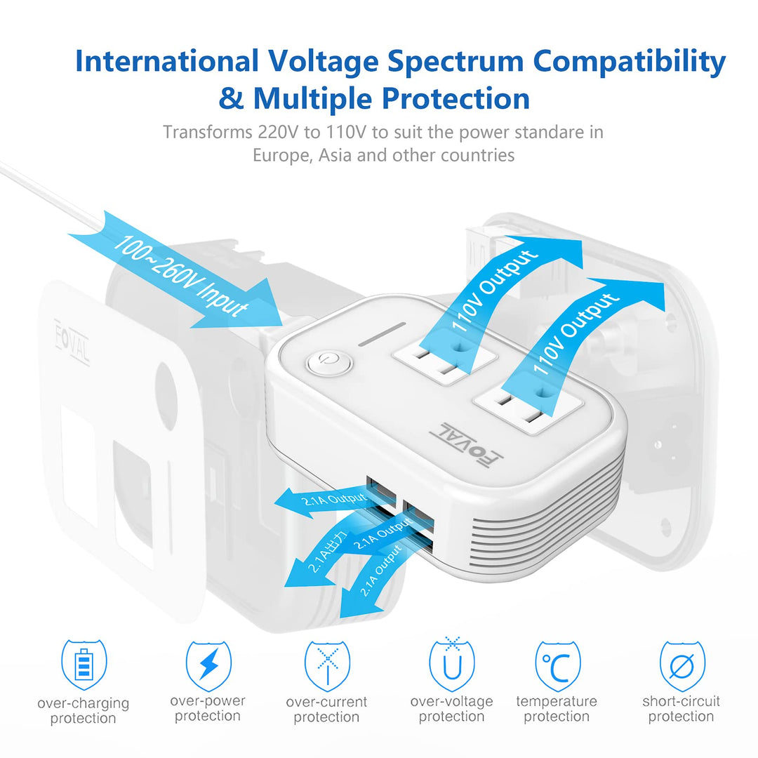 Foval Power Step Down 220V to 110V Voltage Converter with 4-Port USB International Power Travel Adapter in UK European Italy Asia etc