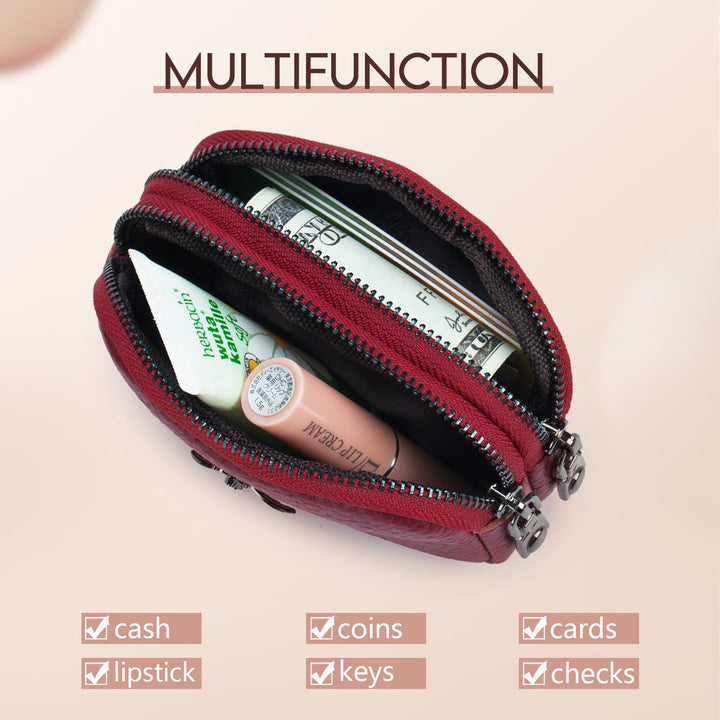 Women Leather Coin Purse, Small 2 Zippered Change Pouch Wallet(Red)