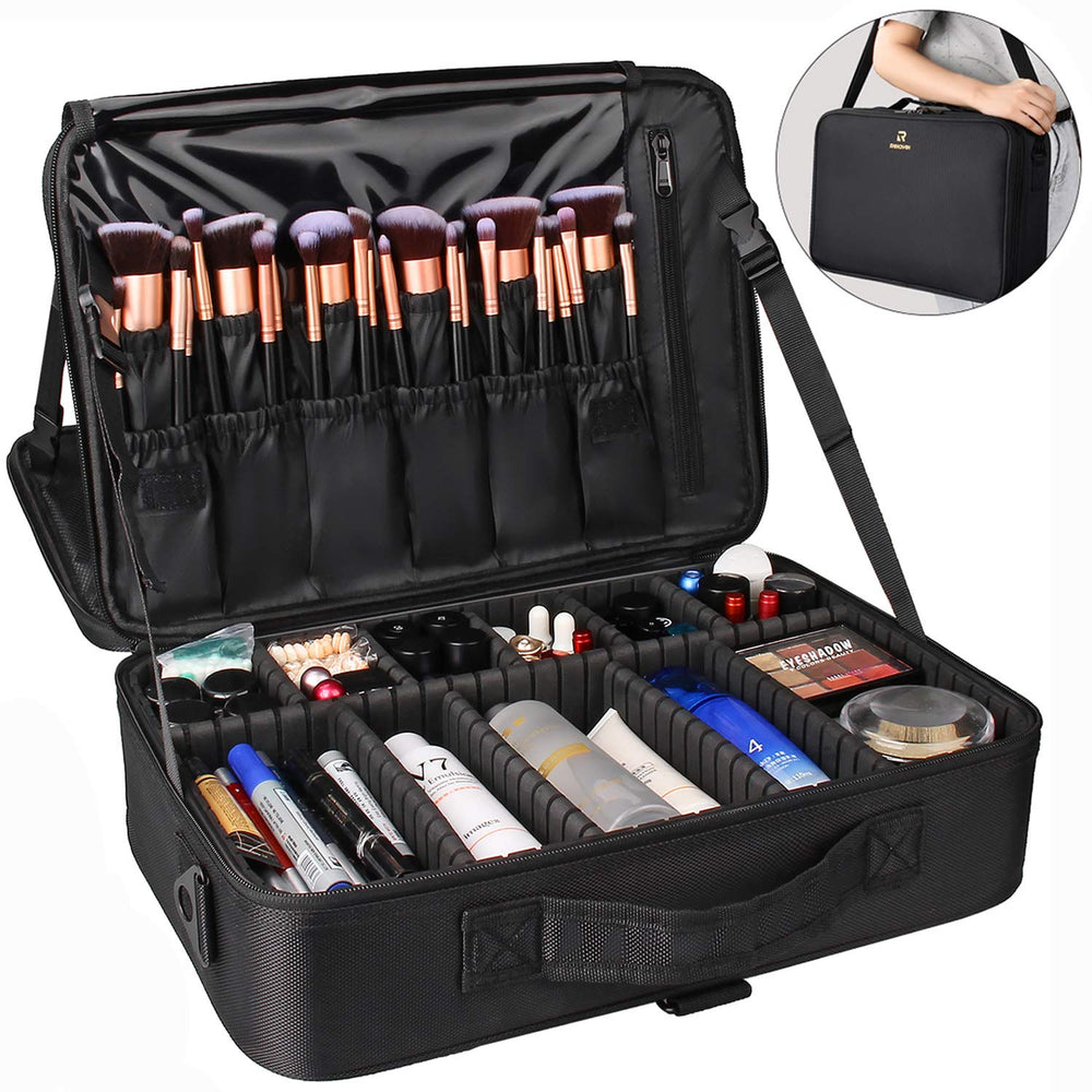 Makeup Case Large Makeup Bag Professional Train Case 16.5 inches Travel Cosmetic Organizer Brush Holder Waterproof Makeup Artist Storage Box, 3 Layer Large Capacity, with Adjustable Strap