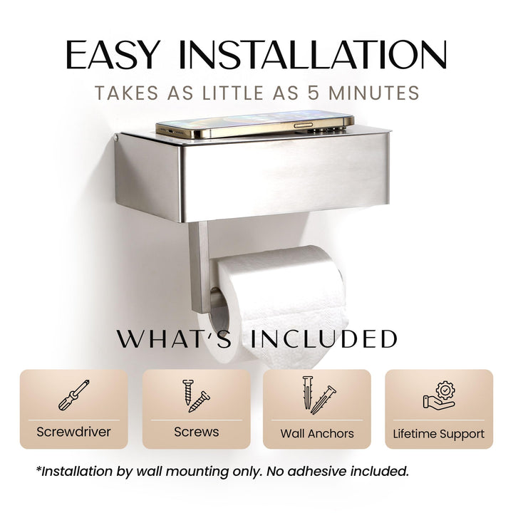 Day Moon™ Chrome Toilet Paper Holder with Shelf - Wipe Holder for Bathroom, Flushable Wipes Dispenser, Toilet Paper and Wipes Holder - Toilet Paper Holder with Storage, Toilet Paper Holder Wall Mount