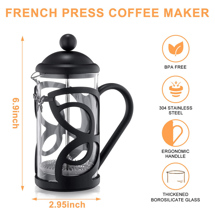 French Press Coffee Maker, 3 Level Filtration System, Coffee Press with Heat Resistant Borosilicate Glass, 12oz Coffee French Press with Coffee Scoop w/Clip &amp; 2 Extra Filters (Black)