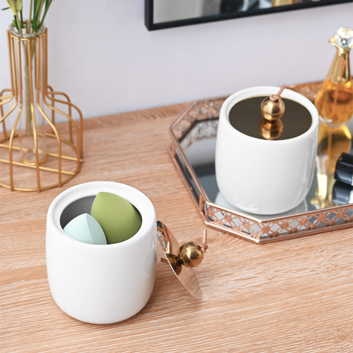 2 Pack Ceramic Qtip Holder Dispenser with Gold Lids , White Apothecary Jars Bathroom Vanity Organizer - Bathroom Canister for Cotton Swabs, Rounds, Balls, Makeup Sponges, Bath Salts
