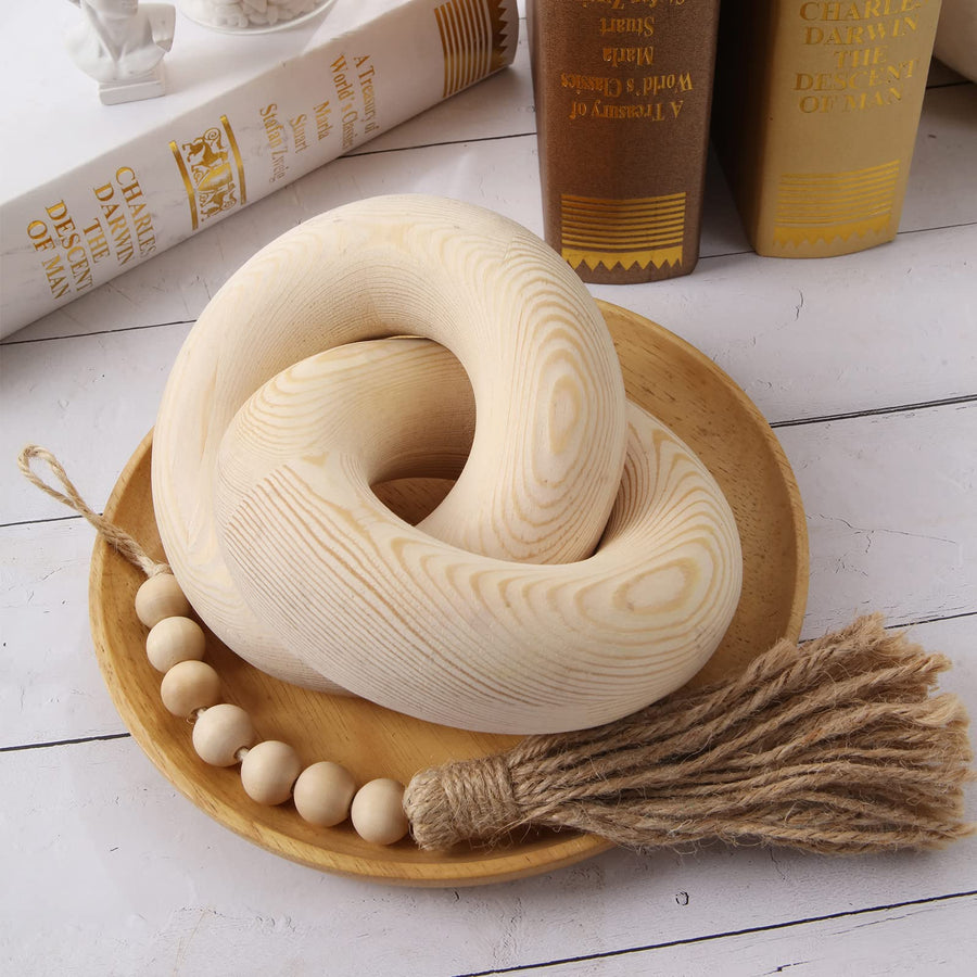 2-Link Natural Wood Knot Decor Home Decor, Living Room Chain Link Decor Shelf Decor, Home Decorations for Living Room Farmhouse Coffee Table Decor, Modern Pine Wood Knote Decor Set (Natural)