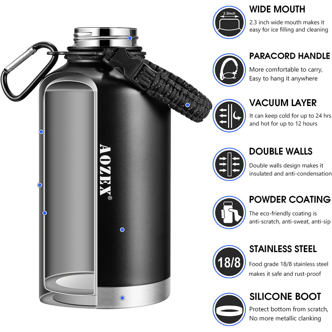 Half Gallon Insulated Water Bottle with Straw, 64 oz Stainless Steel Large Metal Water Bottle with Handle, Wide Mouth 1/2 Gallon Big Sports Water Bottle for Gym Workout Camping with Boot, Black