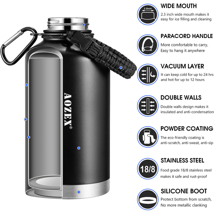 Half Gallon Insulated Water Bottle with Straw, 64 oz Stainless Steel Large Metal Water Bottle with Handle, Wide Mouth 1/2 Gallon Big Sports Water Bottle for Gym Workout Camping with Boot, Black